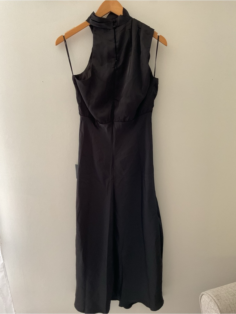 Lulus Distinctive Charm Black Satin Asymmetrical Mock Neck Satin Midi Dress M - Picture 7 of 15